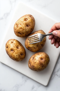 This image shows a person using a fork to poke small holes in raw potatoes, allowing steam to escape during the slow cooking process for perfectly tender baked potatoes.