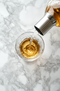 This image shows Crown Royal whiskey being carefully poured into a shot glass, preparing the base of the Vegas Bomb Shot.