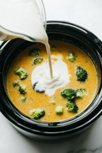 This image shows heavy cream being added to the crockpot, giving the broccoli cheese soup its rich, velvety texture and enhancing the overall creaminess.