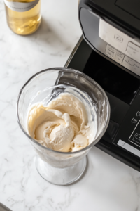 This image shows the silky vanilla ice cream mixture being carefully poured into an ice cream maker, preparing for the churning process.