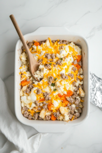 This image shows the sausage, bread, and cheese mixture being evenly poured into a greased baking dish, preparing it for baking.