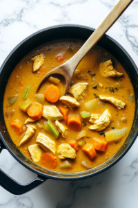 This image shows broth being poured into a pot filled with sliced carrots, vegan chicken, and seasonings, creating a rich and hearty soup.