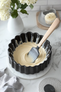 This image shows the thick, creamy cake batter being poured into a greased bundt pan, ensuring an even bake.