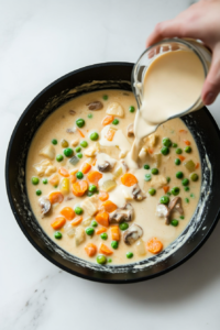 This image shows chicken broth and cream being poured into the sautéed vegetable mixture, creating a rich and creamy sauce.