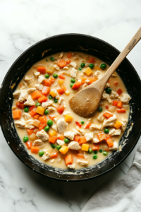 This image shows chicken broth being poured into the skillet, allowing the mixture to simmer and develop a rich, creamy texture.