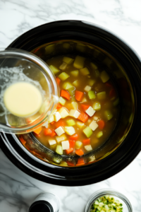 This image shows a smooth broth mixture being poured into the crockpot, combining with the chopped broccoli and other ingredients to create a flavorful soup base.