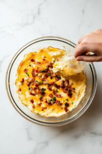 This image shows the creamy egg and cheese mixture being poured evenly into a greased rectangular baking dish, ready for baking.