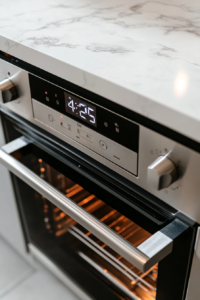 This image shows an oven being preheated, preparing it for baking the mini chicken tacos to a crispy, golden finish.