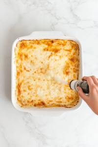 This image shows a baking dish being prepped with a thin layer of sauce at the bottom, ensuring the lasagna layers don’t stick during baking.