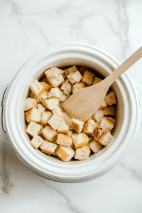 This image shows the bread cubes being gently pressed down in the crockpot, ensuring they fully absorb the egg mixture for a moist and flavorful French toast.