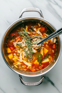 This image shows a bay leaf and herb stems being removed from the pot of soup, ensuring a smooth and flavorful final dish.