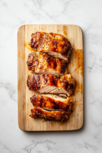 This image shows cooked teriyaki chicken resting before being sliced into tender, juicy pieces.