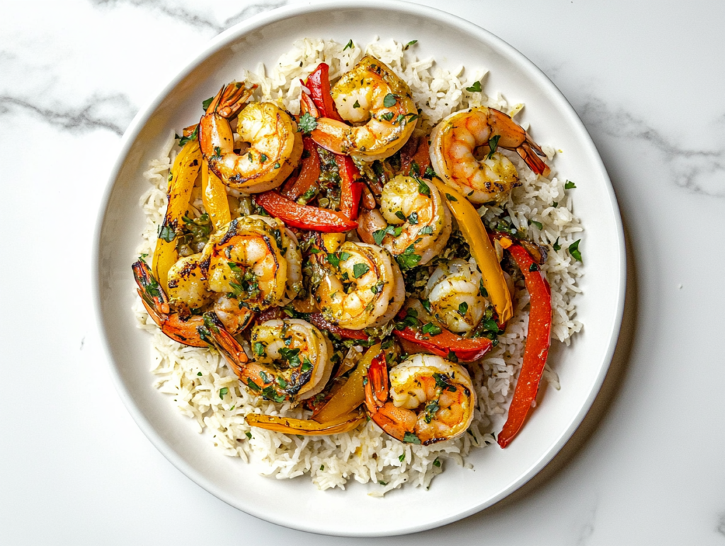 This image shows a plate of Salsa Verde Shrimp and Rice, featuring tender shrimp coated in a creamy sauce made with mayo, honey, and milk, served over fluffy rice.