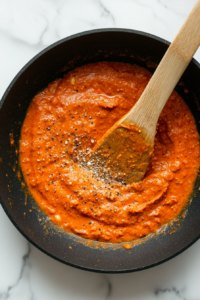 This image shows the creamy tomato sauce simmering in the skillet, thickening to the perfect consistency.