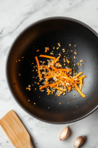 This image shows minced garlic and strips of fresh orange peel sizzling in a pan, releasing their bold and citrusy aroma.