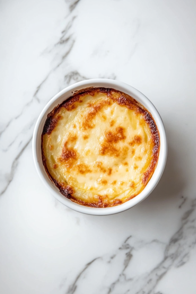 This image shows a hearty serving of scalloped potatoes, topped with a golden, melted cheesy layer, presented in a white round bowl.