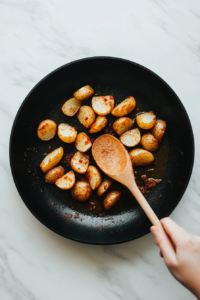 This image shows mashed potatoes being mixed with spices in a pan, creating a flavorful filling for the taquitos.