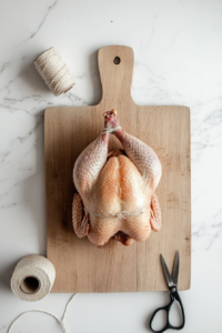 This image shows a turkey breast wrapped securely with butcher’s twine, ensuring even cooking and a uniform shape while smoking.