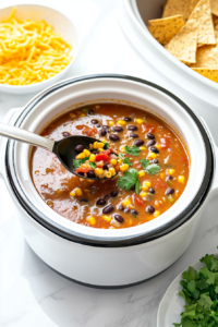 This image shows a ladle pouring slow cooker taco soup into bowls, ready to be served and enjoyed with toppings of choice.