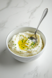 This image shows a bowl of creamy mashed potatoes being served, with a comforting and inviting appearance.