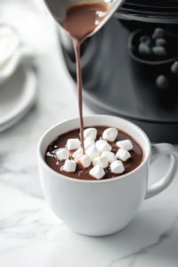 This image shows the hot chocolate being served in mugs, topped with melty marshmallows, ready to be enjoyed as a cozy, comforting treat perfect for chilly days.