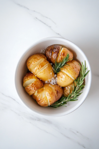 This image shows the finished crockpot potatoes being served in a white bowl, beautifully garnished with fresh herbs and flaked sea salt, ready to enjoy.