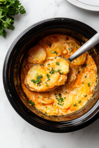 This image shows a serving of creamy scalloped potatoes being scooped out of the Crockpot, topped with fresh chopped cilantro for a bright and flavorful finish.