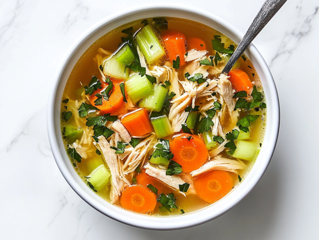 This image shows a bowl of shredded chicken soup garnished with fresh parsley and a sprinkle of black pepper, served warm and comforting.