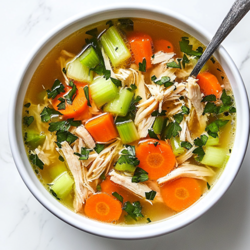 This image shows a bowl of shredded chicken soup garnished with fresh parsley and a sprinkle of black pepper, served warm and comforting.