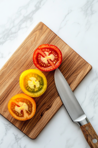 This image shows ripe heirloom tomatoes being sliced on a wooden cutting board, highlighting their vibrant colors and juicy texture for a fresh tomato burrata salad.