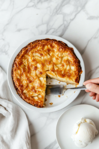 This image shows a warm slice of crustless apple pie being lifted from the dish, showcasing its soft apple filling and golden-brown pecan-infused topping.