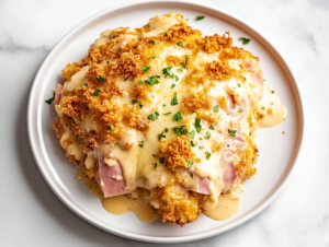 This image shows a serving of slow cooker chicken cordon bleu on a white round plate, with melted cheese and chopped cilantro on top for extra flavor.