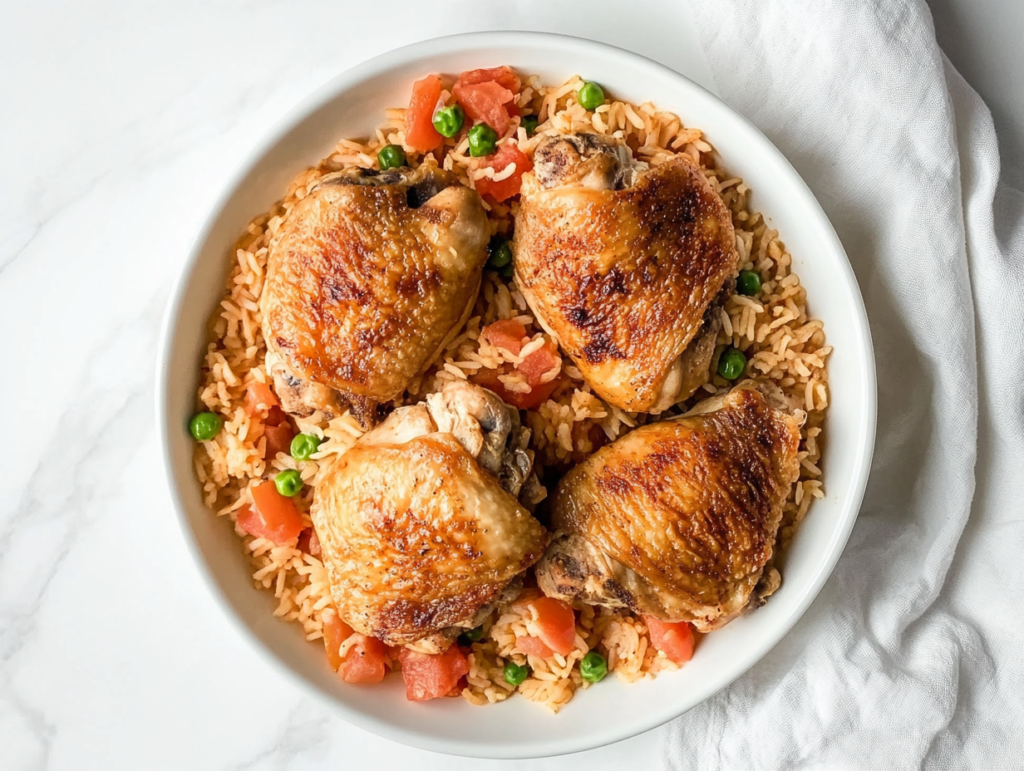 This image shows a comforting bowl of slow cooker chicken and rice, with tender pieces of chicken resting on top of fluffy rice mixed with peas and carrots, served in a white bowl.