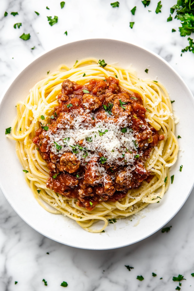 slow-cooker-sunday-sauce-on-spaghetti