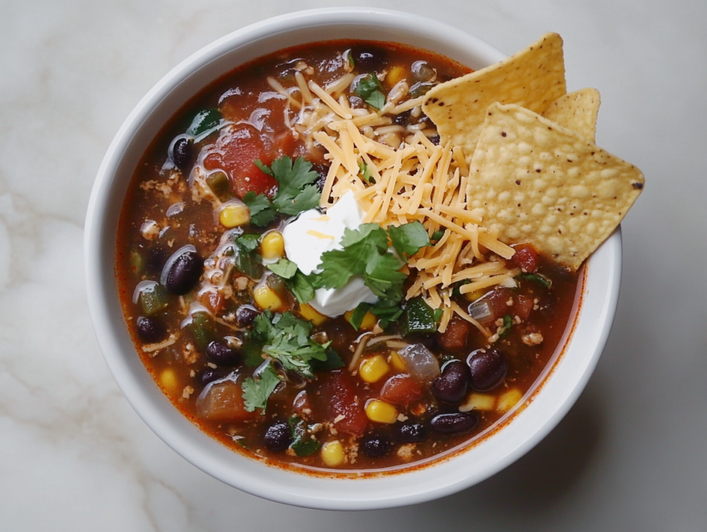 This image shows a bowl of slow cooker taco soup served in a white dish, topped with a dollop of sour cream, shredded cheese, and accompanied by crispy tortilla chips on the side.