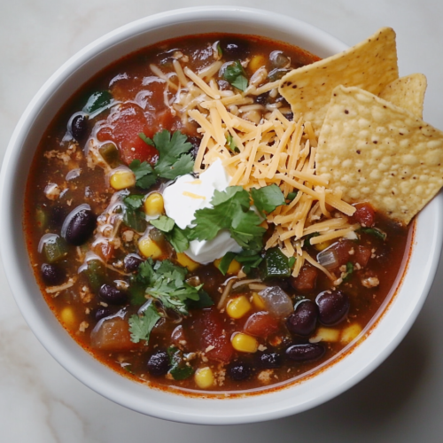 This image shows a bowl of slow cooker taco soup served in a white dish, topped with a dollop of sour cream, shredded cheese, and accompanied by crispy tortilla chips on the side.