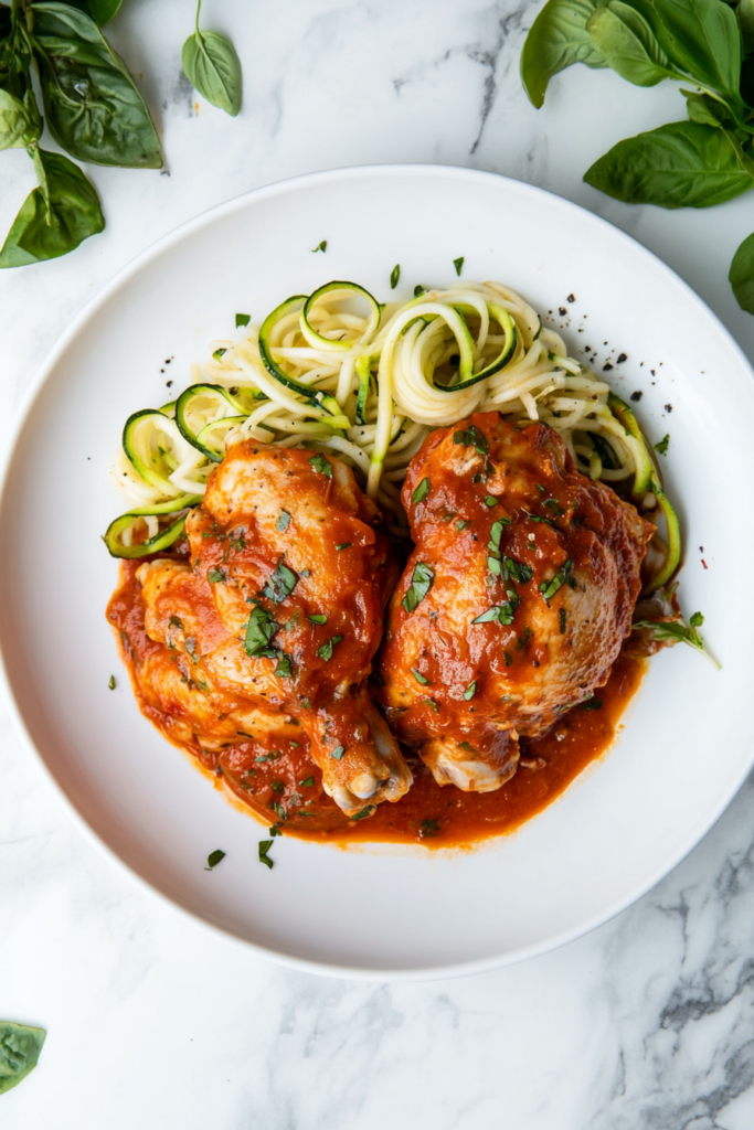 This image shows slow-cooked Italian chicken paired with fresh zucchini noodles, garnished with chopped cilantro, and served on a white round plate.