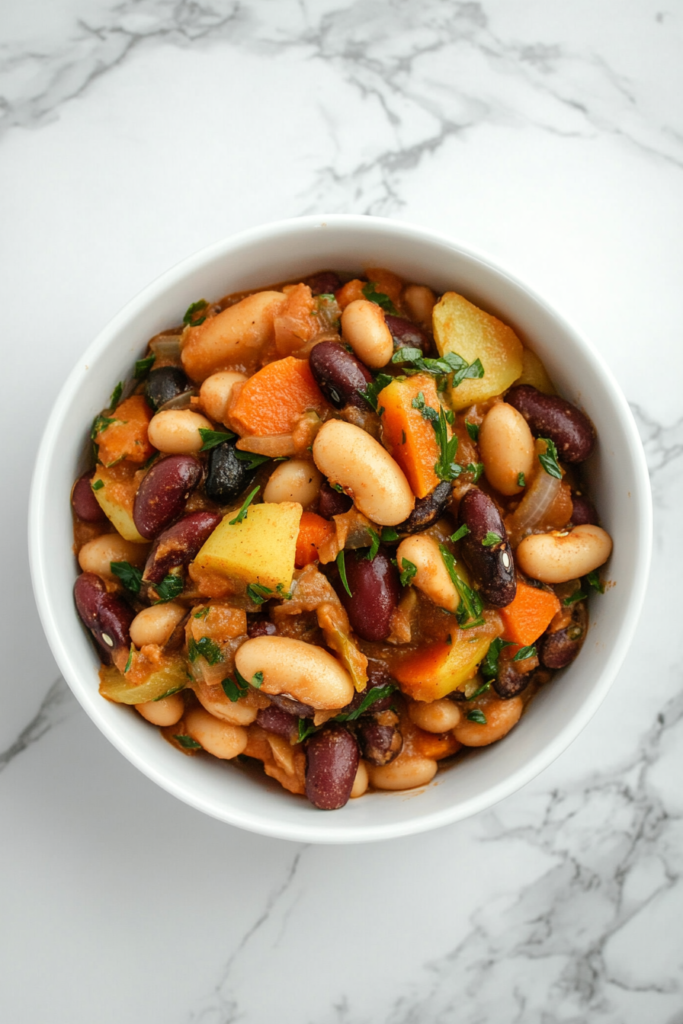 This image shows a colorful slow-cooked bean medley with tender beans and carrots, finished with a sprinkle of fresh chopped cilantro, served in a white bowl.