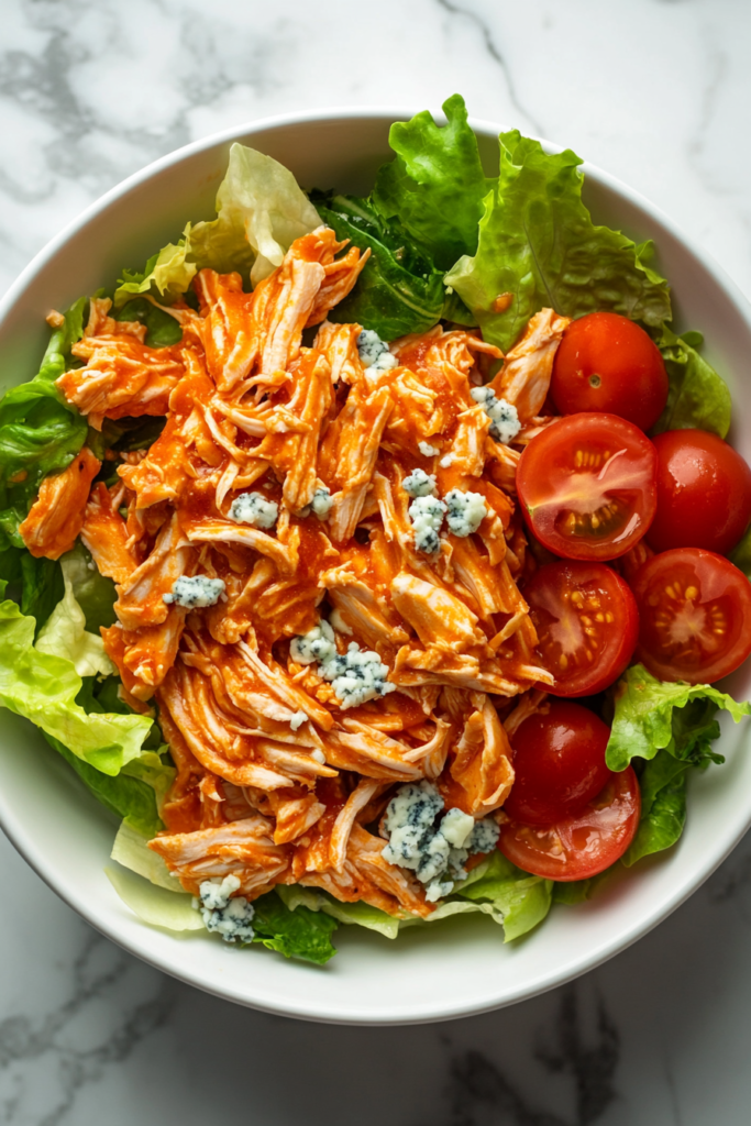 This image shows a vibrant buffalo chicken salad, featuring shredded chicken breast, sliced cherry tomatoes, and fresh spinach leaves, served in a white bowl.