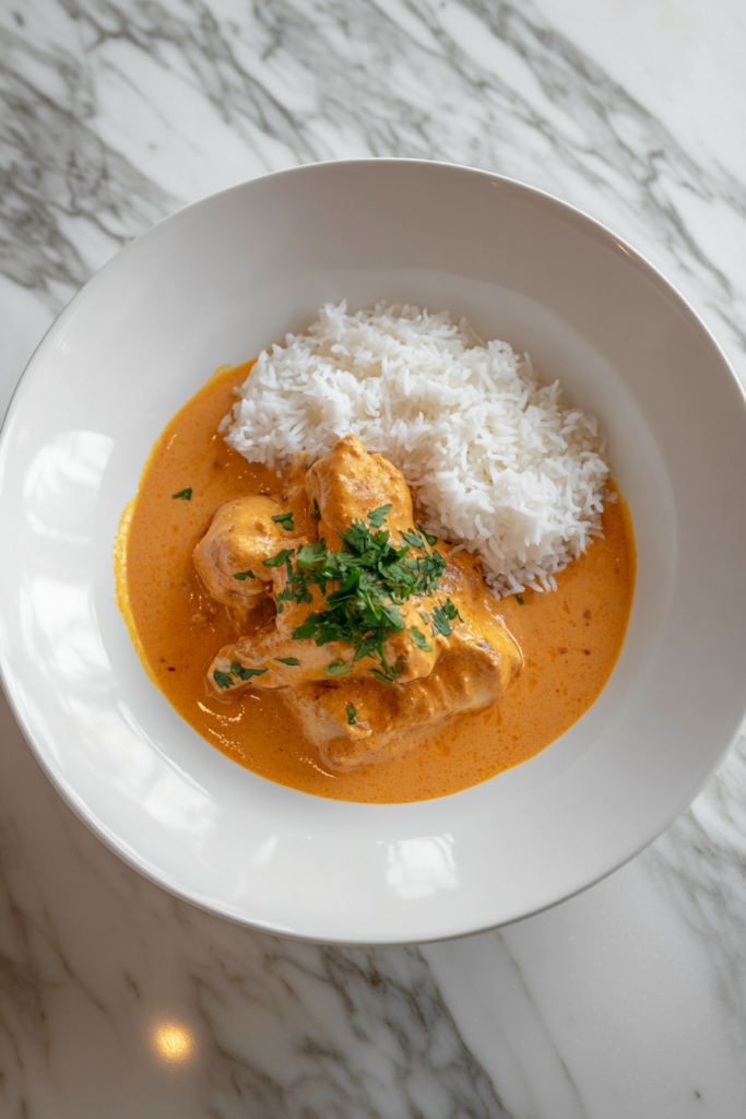 This image shows creamy slow cooker butter chicken served alongside fluffy rice, smothered in rich gravy, and topped with fresh cilantro in a white round bowl.