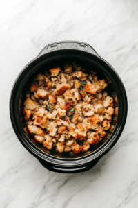 This image shows the Crockpot Stuffing in the slow cooker, cooking and bubbling to perfection, with all the flavors melded together, ready to be served.