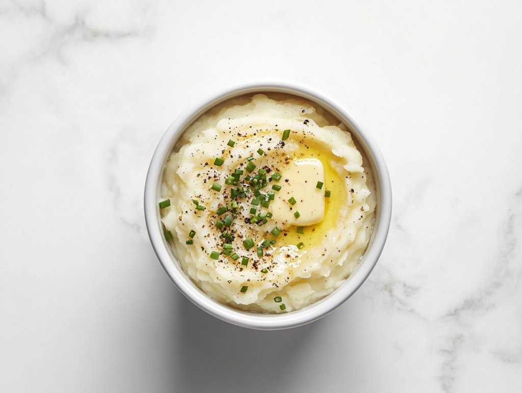 This image shows a small round white bowl filled with creamy slow cooker mashed potatoes, topped with a sprinkle of black pepper and chopped green onions for added flavor and color.