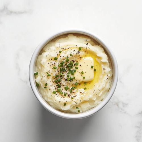 This image shows a small round white bowl filled with creamy slow cooker mashed potatoes, topped with a sprinkle of black pepper and chopped green onions for added flavor and color.