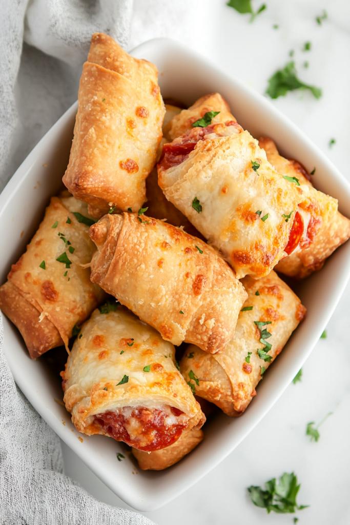 This image shows golden brown slow cooker pizza rolls, crispy on the outside and filled with a creamy, flavorful sauce in the middle, arranged neatly in a rectangular white bowl.