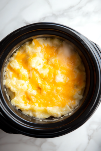 This image shows the cheesy potato mixture cooking slowly in the crockpot, with steam rising as the ingredients meld together into a creamy, flavorful dish.