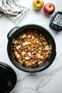 This image shows the apple crisp slowly cooking in the crockpot, with the apples and topping bubbling to perfection, releasing a mouthwatering aroma.