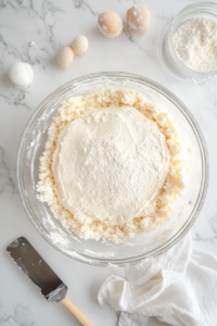 This image shows wet and dry ingredients being combined gradually, creating a smooth and well-mixed batter for the pound cake.