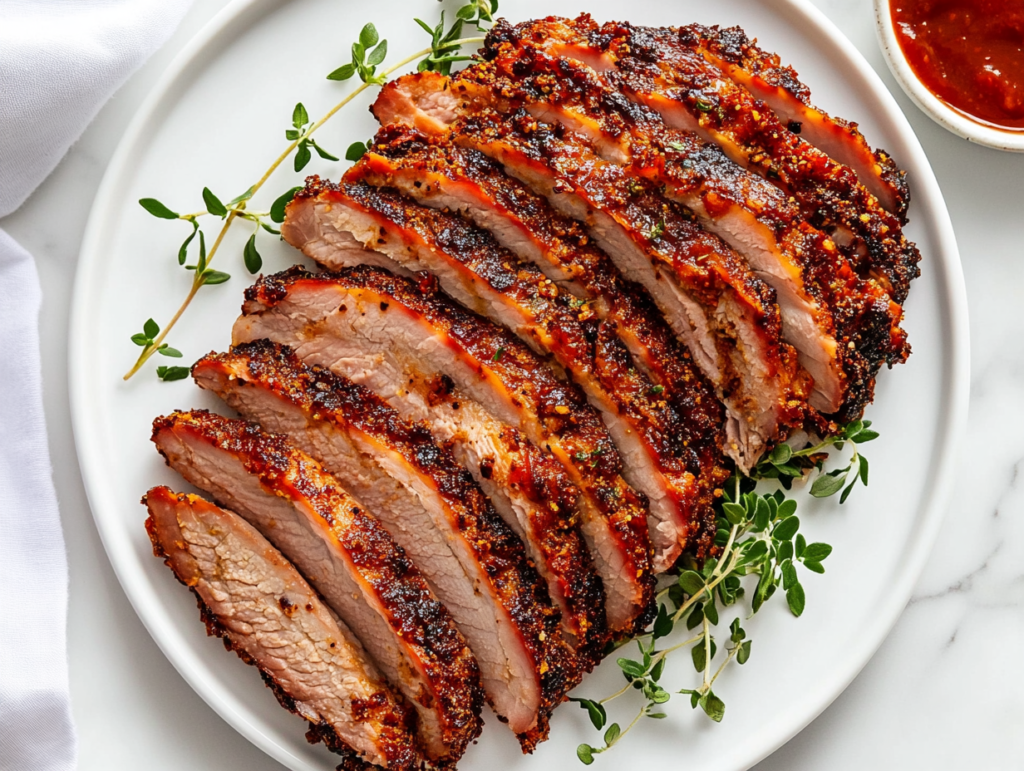 This image shows a beautifully smoked turkey pastrami with a dark, flavorful crust and juicy, tender interior, sliced and arranged on a white round plate, garnished with fresh cilantro.