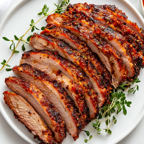 This image shows a beautifully smoked turkey pastrami with a dark, flavorful crust and juicy, tender interior, sliced and arranged on a white round plate, garnished with fresh cilantro.