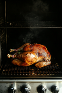 This image shows a turkey breast slowly smoking on the grill, absorbing rich smoky flavors as it begins to develop a delicious crust.